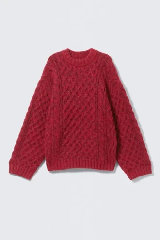 Long Cable Knit Textured Sweater – Bright Red