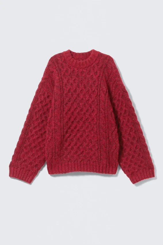 Long Cable Knit Textured Sweater – Bright Red Long Cable Knit Textured Sweater – Bright Red