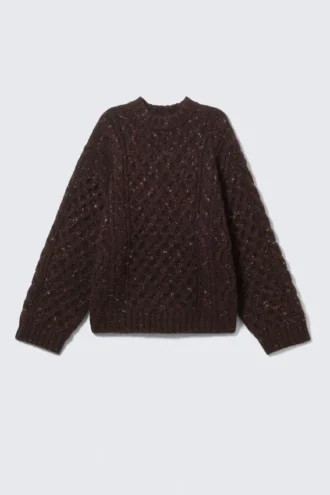 Long Cable Knit Textured Sweater – Dark Purple – Pink Neps