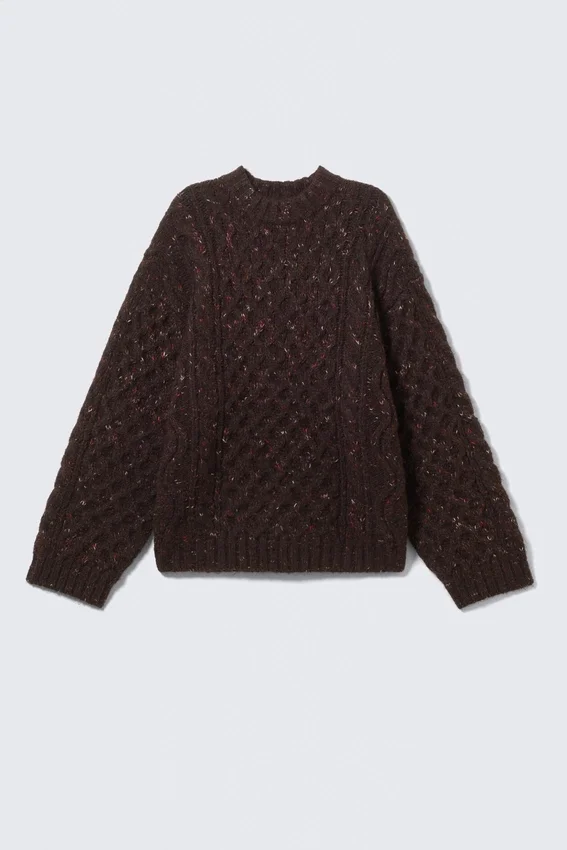 Long Cable Knit Textured Sweater – Dark Purple – Pink Neps Long Cable Knit Textured Sweater – Dark Purple – Pink Neps