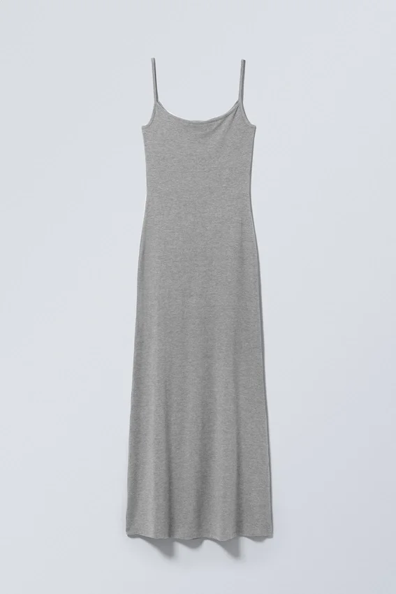 Long Fitted Strap Dress – Grey Melange Long Fitted Strap Dress – Grey Melange