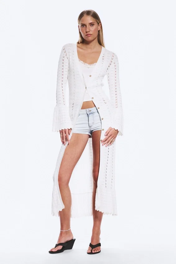 Long Frilled Knitted V-Neck Cardigan – White Long Frilled Knitted V-Neck Cardigan – White