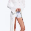 Long Frilled Knitted V-Neck Cardigan – White Long Frilled Knitted V-Neck Cardigan – White