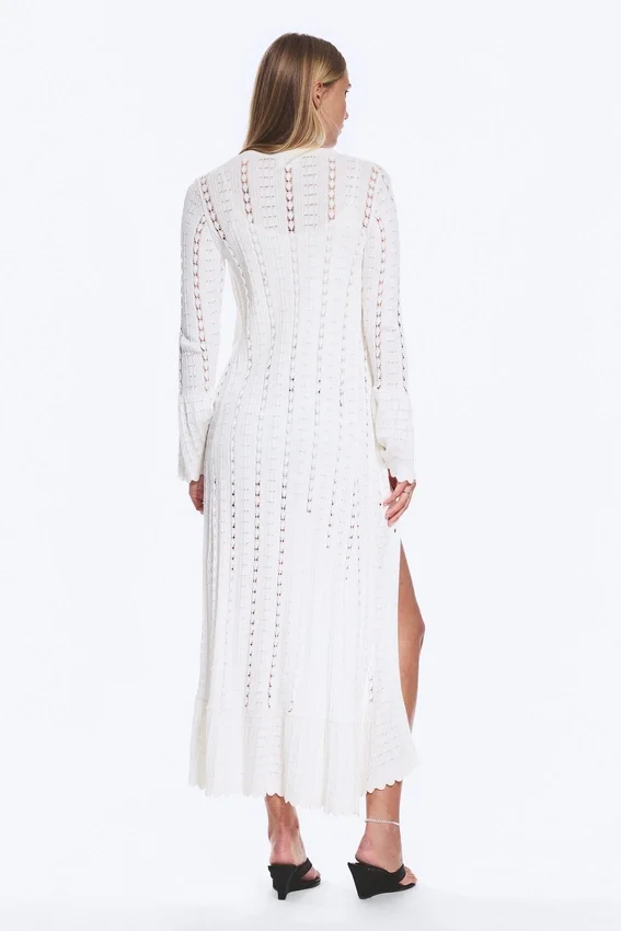 Long Frilled Knitted V-Neck Cardigan – White Long Frilled Knitted V-Neck Cardigan – White