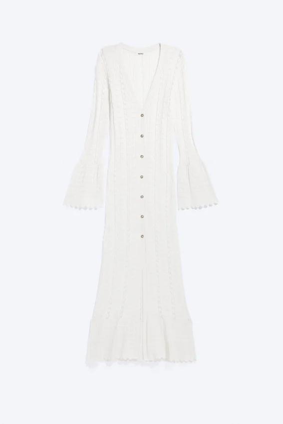 Long Frilled Knitted V-Neck Cardigan – White Long Frilled Knitted V-Neck Cardigan – White