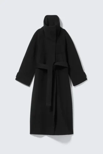 Long Funnel Neck Wool Coat – Black