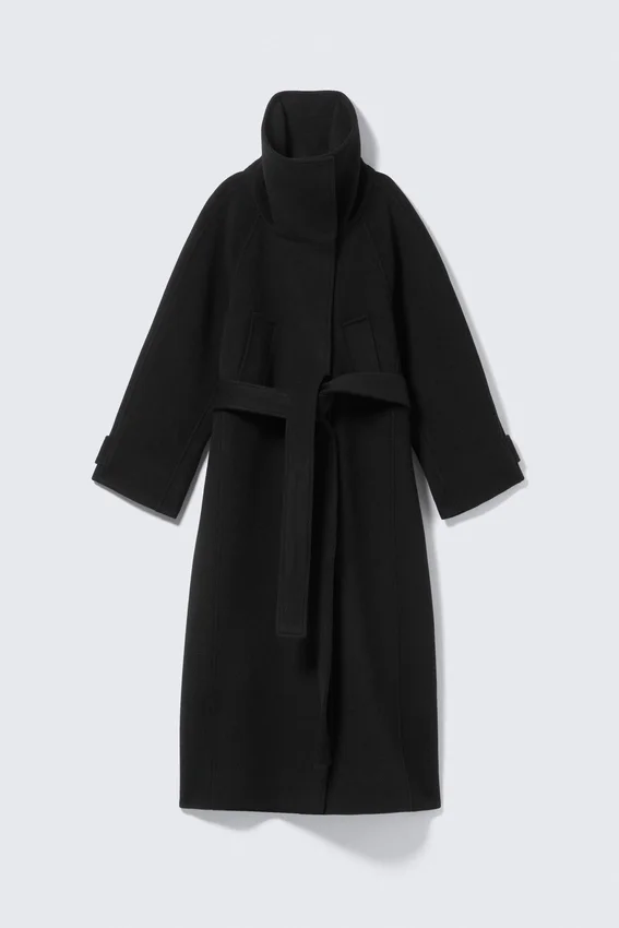 Long Funnel Neck Wool Coat – Black Long Funnel Neck Wool Coat – Black