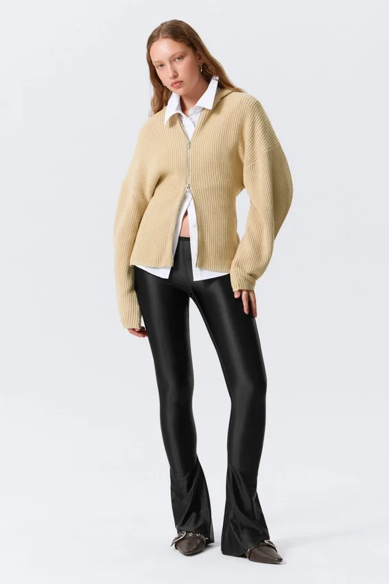 Long Knitted Zip Hoodie – Beige Long Knitted Zip Hoodie – Beige