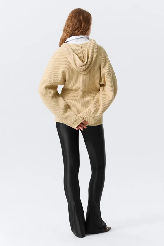 Long Knitted Zip Hoodie – Beige Long Knitted Zip Hoodie – Beige