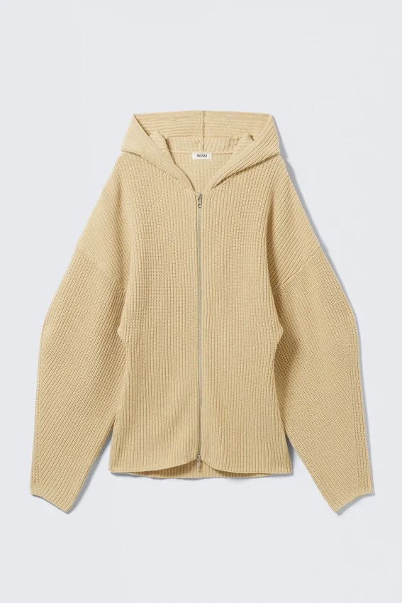 Long Knitted Zip Hoodie – Beige Long Knitted Zip Hoodie – Beige