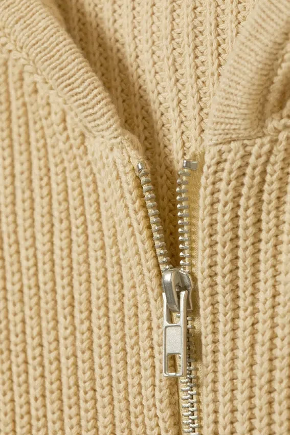 Long Knitted Zip Hoodie – Beige Long Knitted Zip Hoodie – Beige