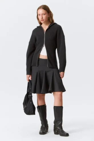 Long Knitted Zip Hoodie – Black