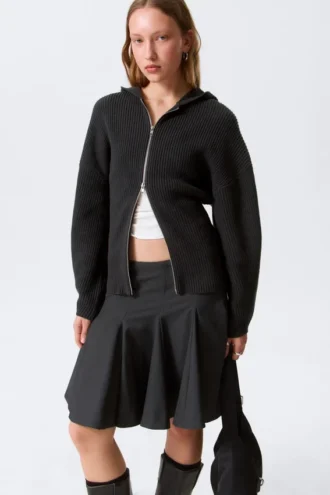 Long Knitted Zip Hoodie – Black