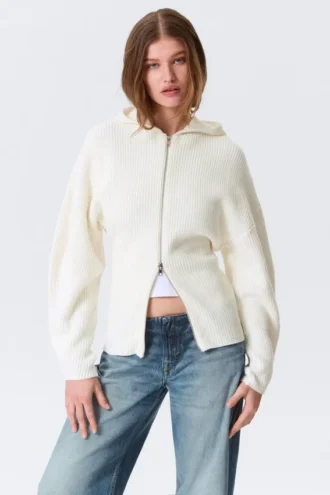 Long Knitted Zip Hoodie – White