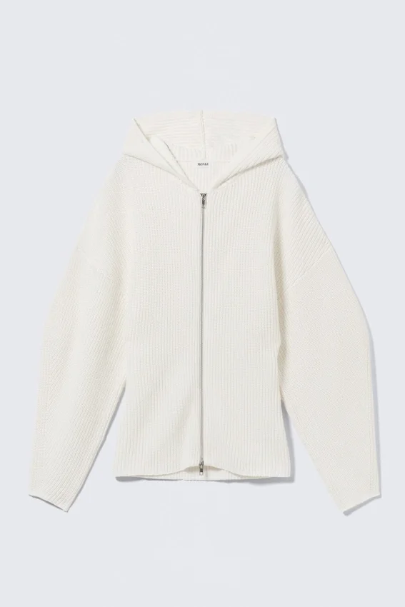 Long Knitted Zip Hoodie – White Long Knitted Zip Hoodie – White
