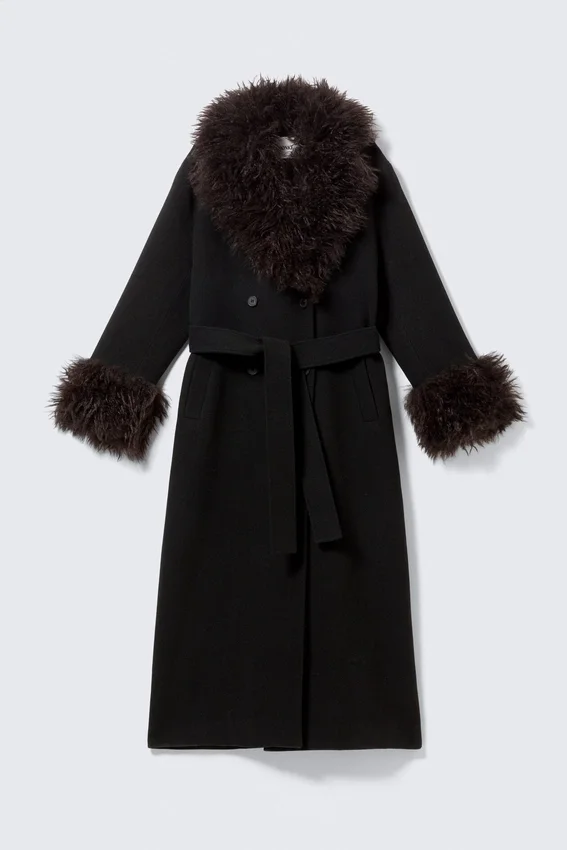 Long Oversized Coat with Faux-Fur Trims – Black – Brown Faux Fur Long Oversized Coat with Faux-Fur Trims – Black – Brown Faux Fur