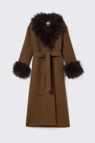 Long Oversized Coat with Faux-Fur Trims – Checked Brown – Brown Faux Fur