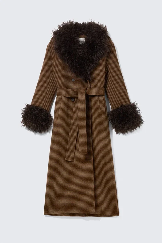 Long Oversized Coat with Faux-Fur Trims – Checked Brown – Brown Faux Fur Long Oversized Coat with Faux-Fur Trims – Checked Brown – Brown Faux Fur