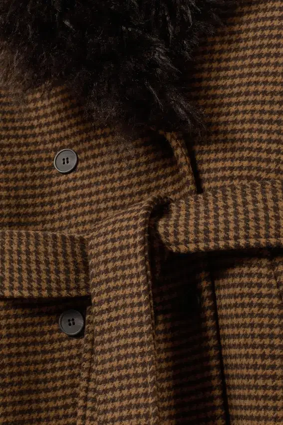 Long Oversized Coat with Faux-Fur Trims – Checked Brown – Brown Faux Fur Long Oversized Coat with Faux-Fur Trims – Checked Brown – Brown Faux Fur