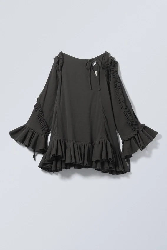 Long Ruffled Cut-Out Tunic – Dark Grey Long Ruffled Cut-Out Tunic – Dark Grey