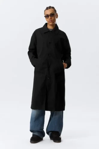 Long Single-Breasted Cotton Car Coat – Washed Black