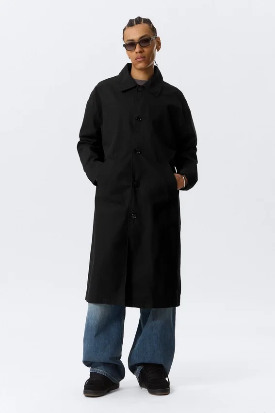 Long Single-Breasted Cotton Car Coat – Washed Black Long Single-Breasted Cotton Car Coat – Washed Black