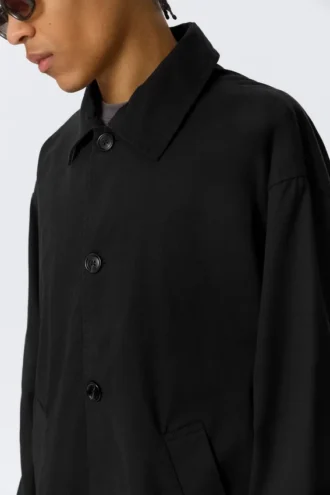 Long Single-Breasted Cotton Car Coat – Washed Black