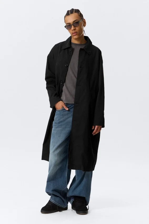 Long Single-Breasted Cotton Car Coat – Washed Black Long Single-Breasted Cotton Car Coat – Washed Black