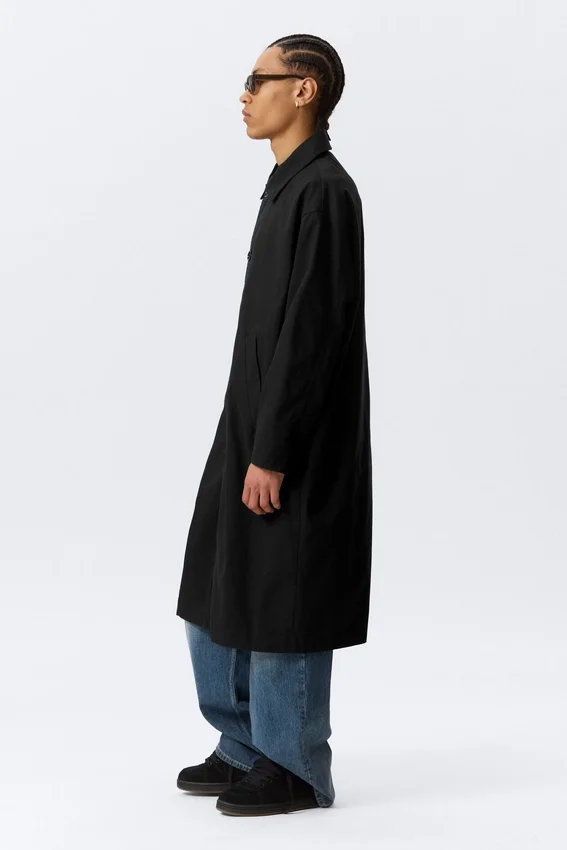 Long Single-Breasted Cotton Car Coat – Washed Black Long Single-Breasted Cotton Car Coat – Washed Black