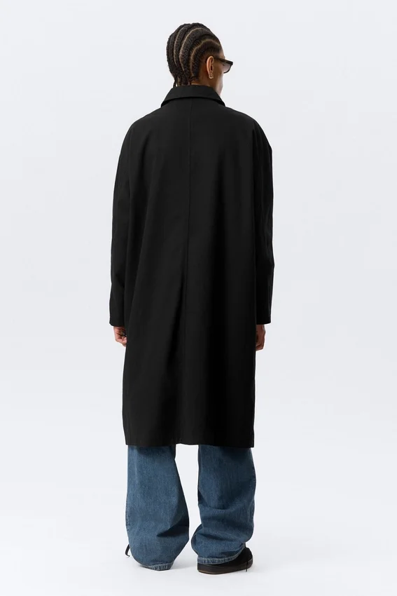 Long Single-Breasted Cotton Car Coat – Washed Black Long Single-Breasted Cotton Car Coat – Washed Black