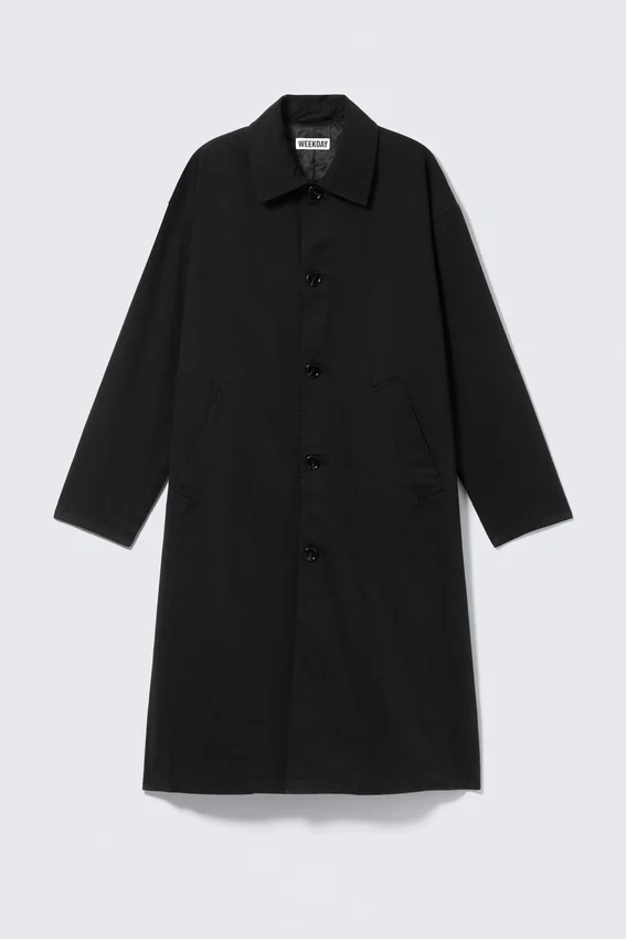 Long Single-Breasted Cotton Car Coat – Washed Black Long Single-Breasted Cotton Car Coat – Washed Black