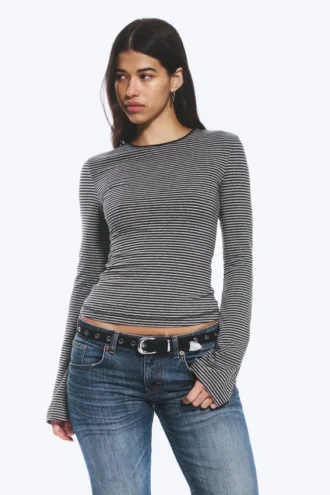 Long Sleeve Cotton Top – Black & Grey Stripes