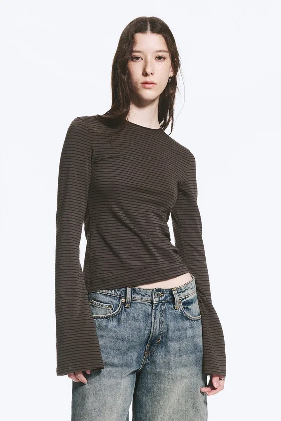 Long Sleeve Cotton Top – Dark Grey Stripe Long Sleeve Cotton Top – Dark Grey Stripe