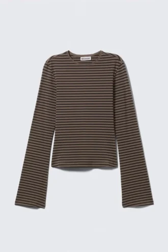 Long Sleeve Cotton Top – Striped Dark Brown