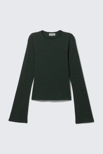 Long Sleeve Cotton Top – Striped Dark Green