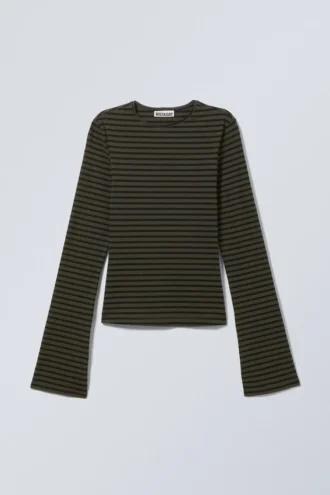 Long Sleeve Cotton Top – Striped Dark Khaki Green