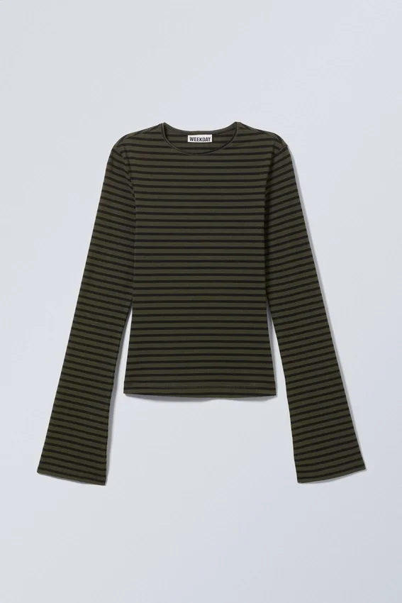 Long Sleeve Cotton Top – Striped Dark Khaki Green Long Sleeve Cotton Top – Striped Dark Khaki Green