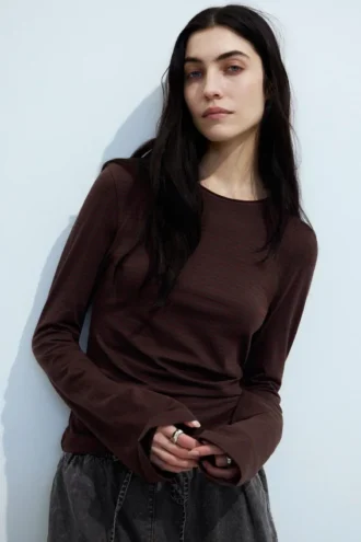 Long Sleeve Cotton Top – Striped Dark Red