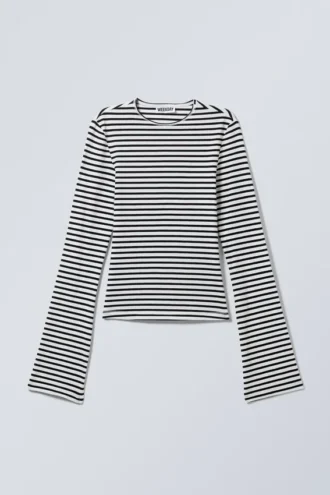 Long Sleeve Cotton Top – White – Black Stripes