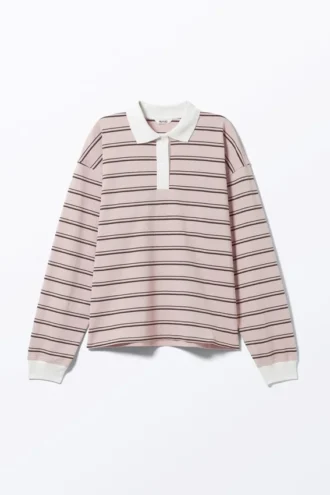 Long Sleeve Rugby Polo Top – Light Pink – Brown Stripes