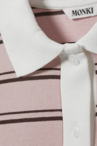Long Sleeve Rugby Polo Top – Light Pink – Brown Stripes