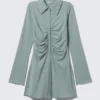 Long-Sleeve Slim Fit Gathered Dress – Dusty Blue Long-Sleeve Slim Fit Gathered Dress – Dusty Blue