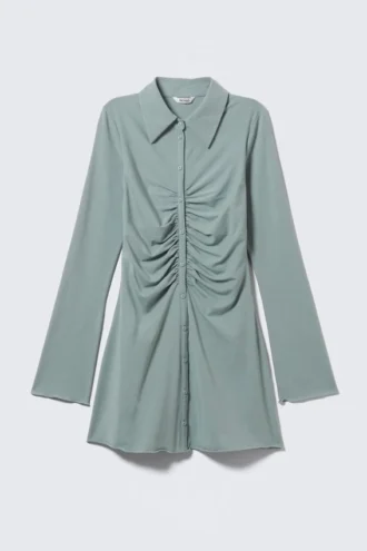 Long-Sleeve Slim Fit Gathered Dress – Dusty Blue