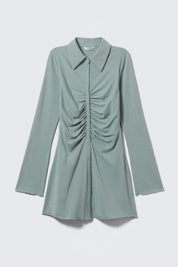 Long-Sleeve Slim Fit Gathered Dress – Dusty Blue Long-Sleeve Slim Fit Gathered Dress – Dusty Blue