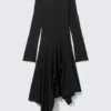 Long-Sleeved Asymmetric Midi Dress – Black Long-Sleeved Asymmetric Midi Dress – Black