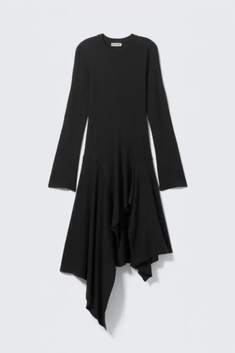 Long-Sleeved Asymmetric Midi Dress – Black