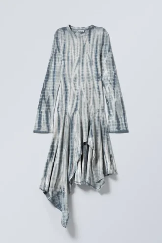 Long-Sleeved Asymmetric Midi Dress – Dark Green – Tie-Dye Long-Sleeved Asymmetric Midi Dress – Dark Green – Tie-Dye