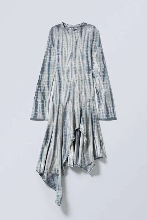 Long-Sleeved Asymmetric Midi Dress – Dark Green – Tie-Dye Long-Sleeved Asymmetric Midi Dress – Dark Green – Tie-Dye