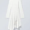Long-Sleeved Asymmetric Midi Dress – White Long-Sleeved Asymmetric Midi Dress – White