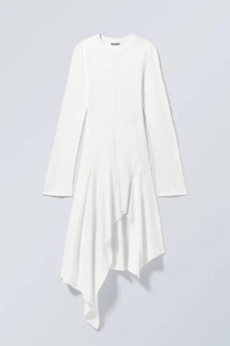 Long-Sleeved Asymmetric Midi Dress – White